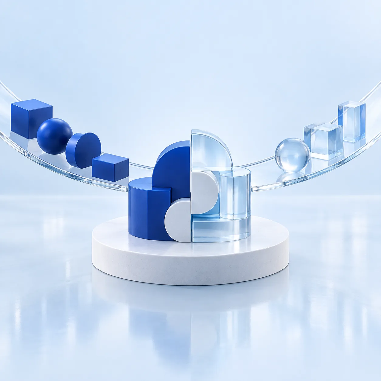 Cobalt and clear glass forms travelling along separate paths and joining as one structure.