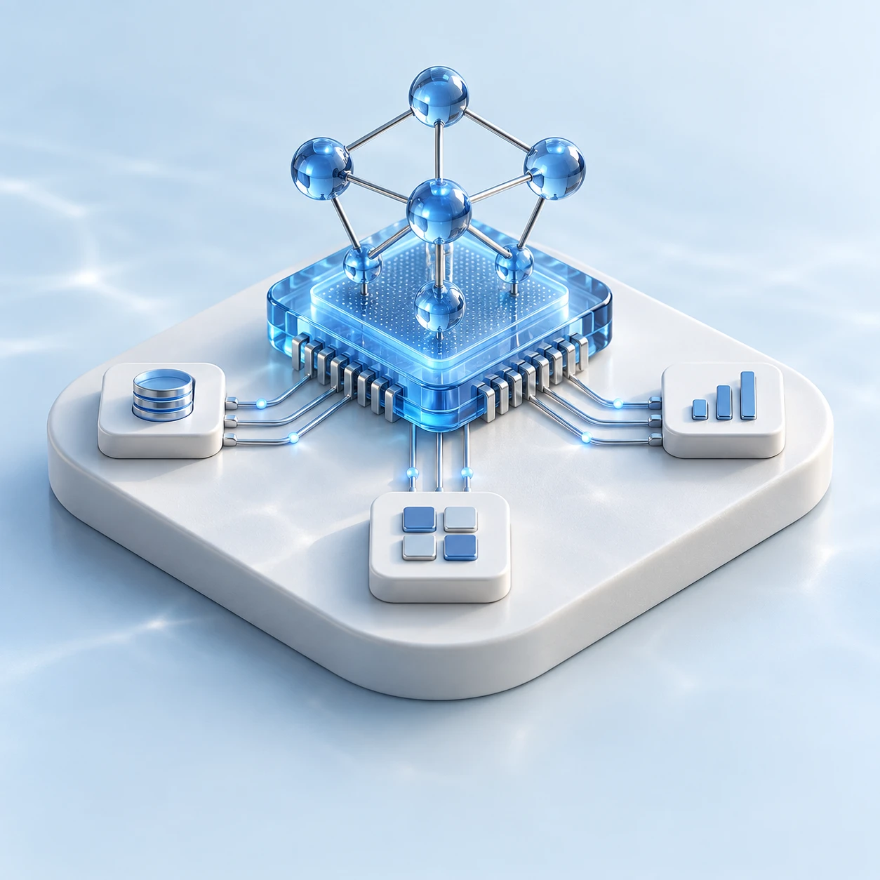 A blue glass processor with connected neural nodes and surrounding technology modules.