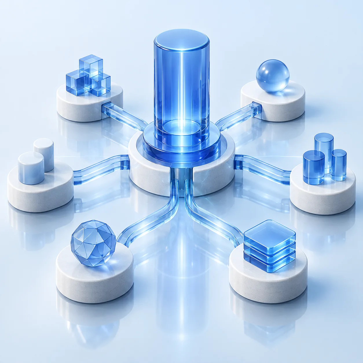 A central cobalt glass hub connecting several white platforms and blue glass forms.