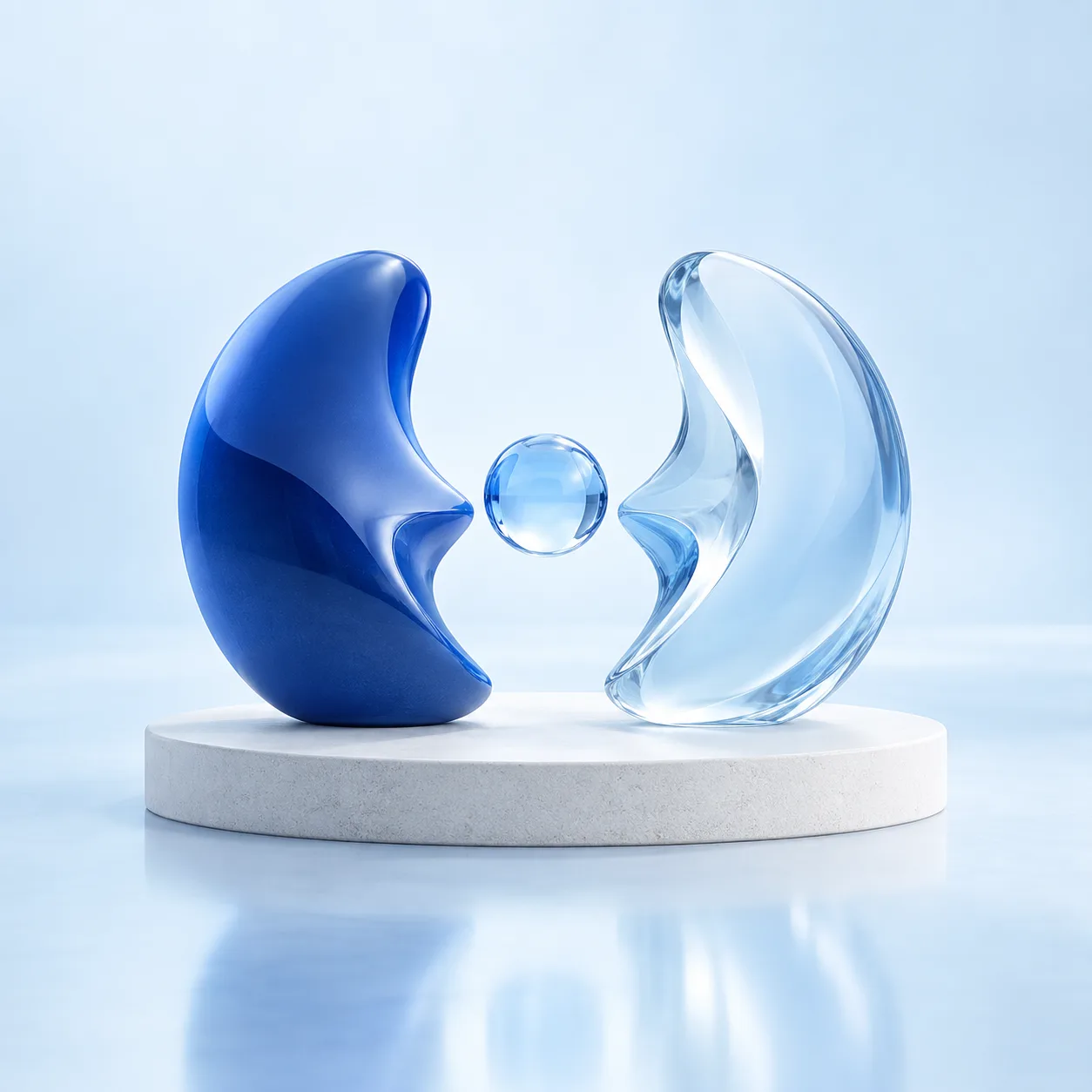 Two complementary blue glass forms facing one another around a clear sphere.