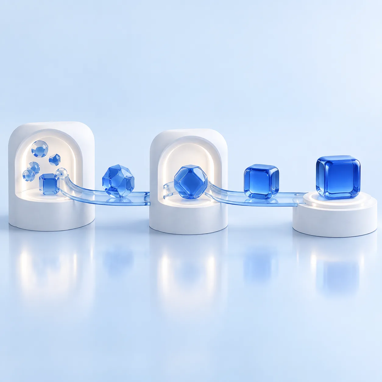 Blue glass forms becoming progressively more complete along a clear path between white stations.