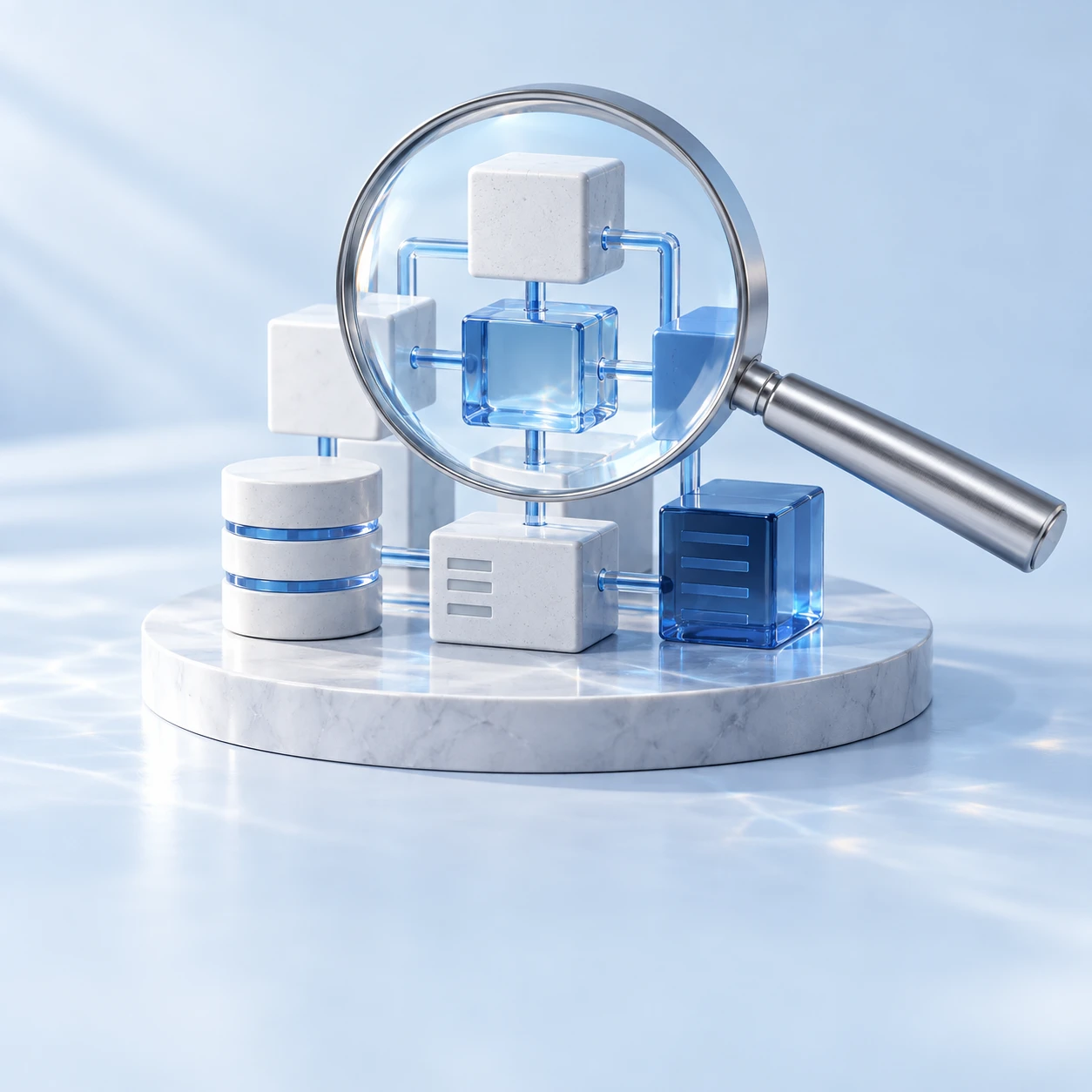 A magnifying lens examining connected blue glass and white technology blocks.