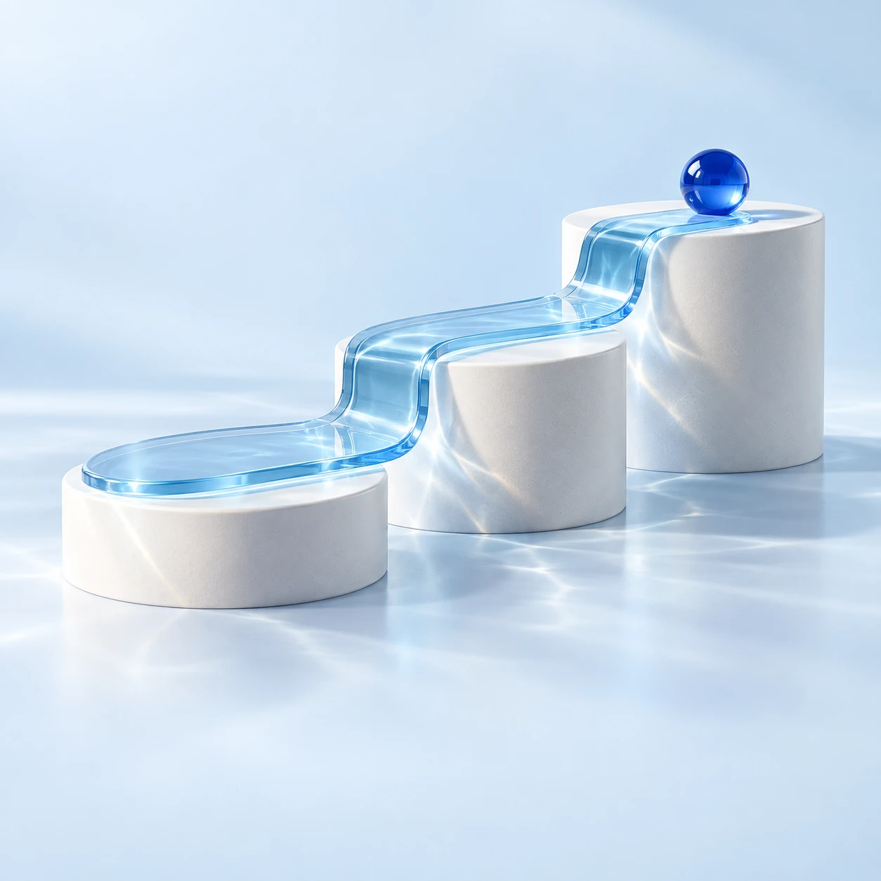 A blue glass route rising across three white platforms towards a cobalt sphere.