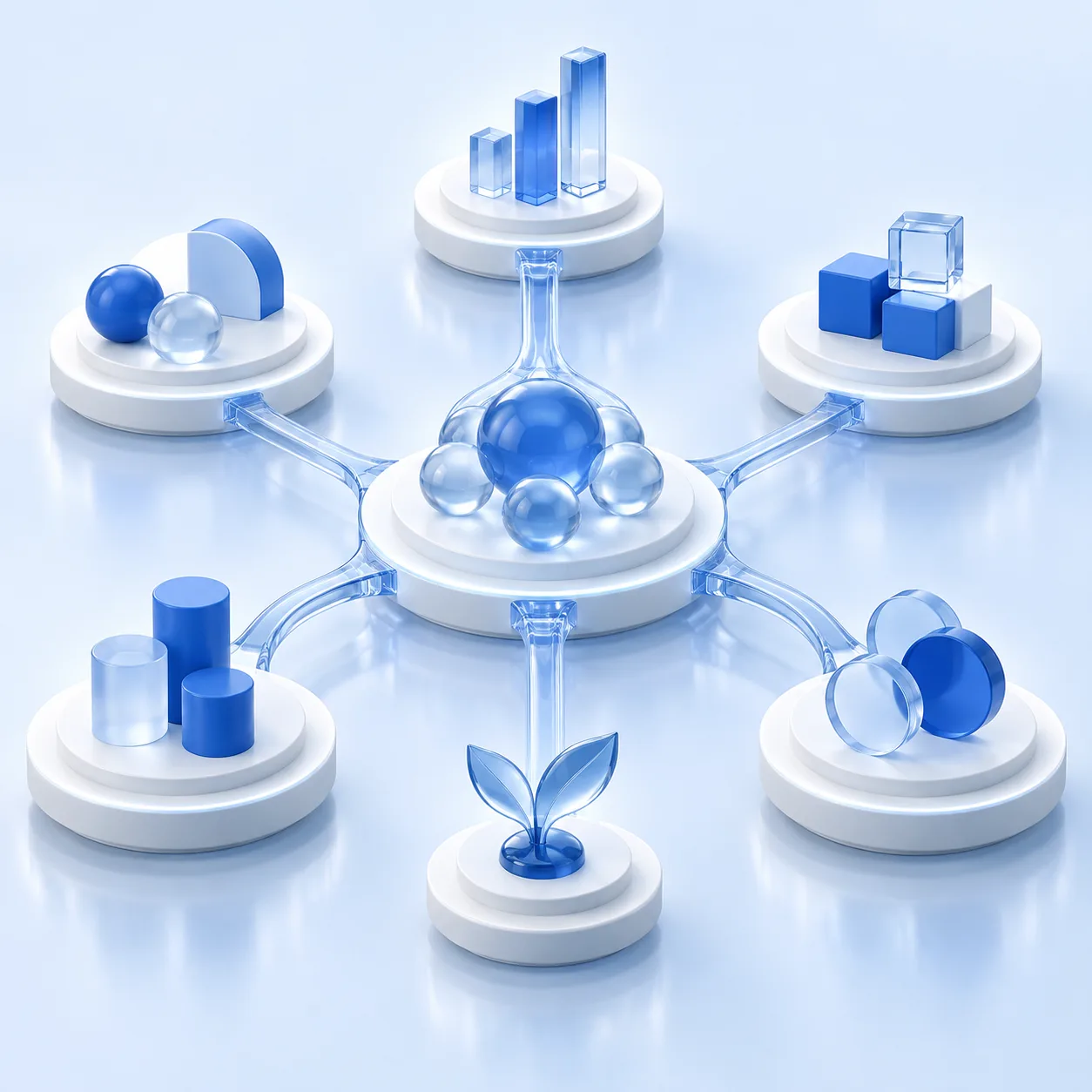 Connected white platforms holding organised groups of blue glass forms and a growing glass shoot.