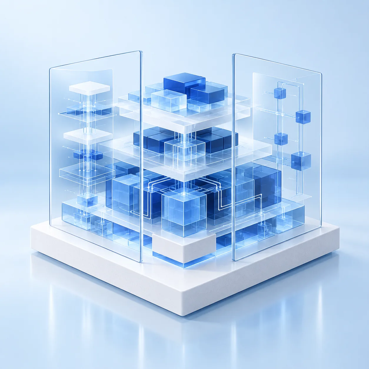 A layered blue glass technology system shown through transparent inspection panels.